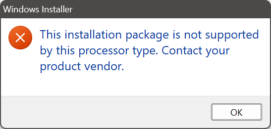 Windows Installer message box showing incompatible package message