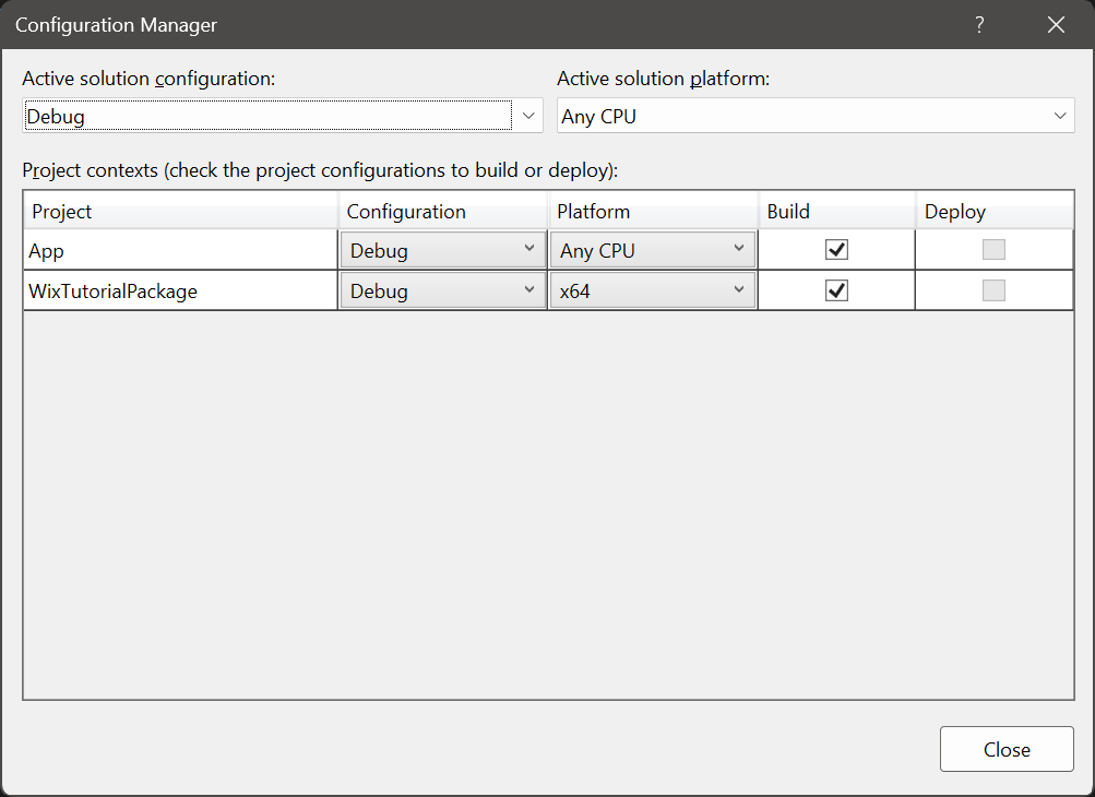 Visual Studio Configuration Manager showing the platforms for our App and WixTutorialPackage