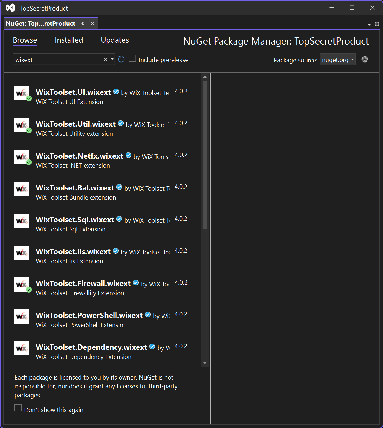Visual Studio NuGet Package Manager window showing WiX extensions from nuget.org