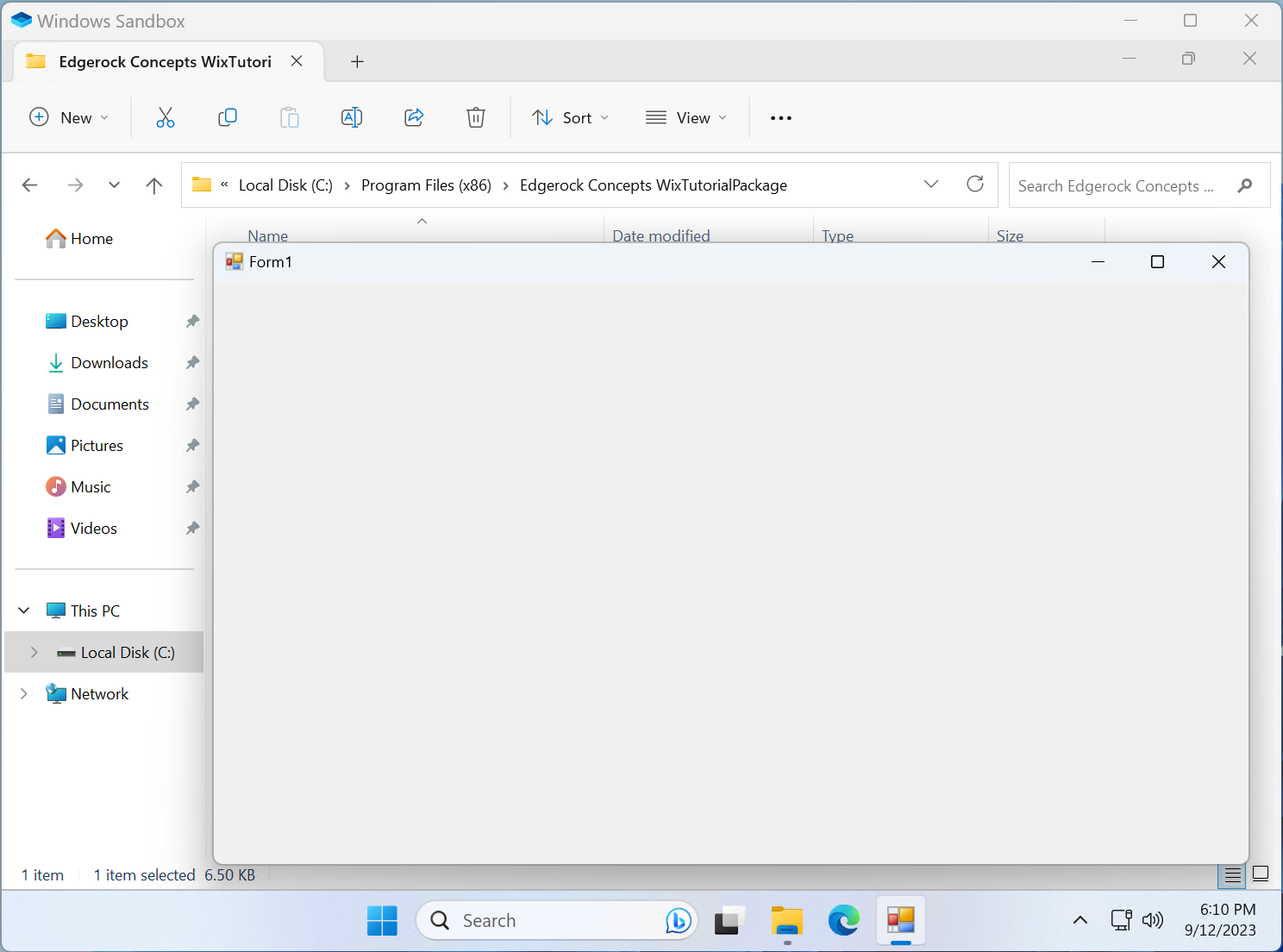 A screen shot of Windows Sandbox showing a successfully installed placeholder app