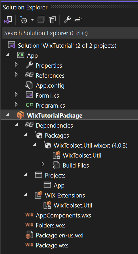 Visual Studio Solution Explorer showing WixToolset.Util.wixext under the Dependencies node