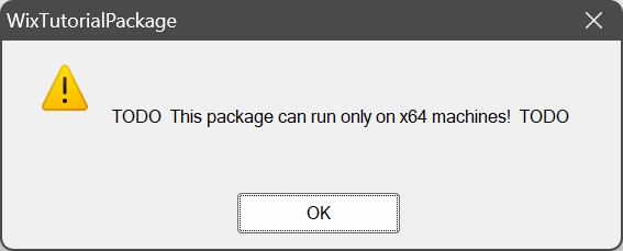 Windows Installer message box showing launch condition failure message on an x64 device